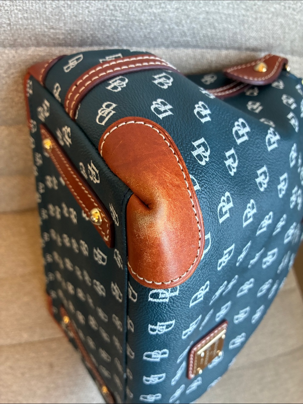 Dooney & Bourke Large Signature Monogram Zip Satchel Navy Blue & White Leather - Picture 15 of 16